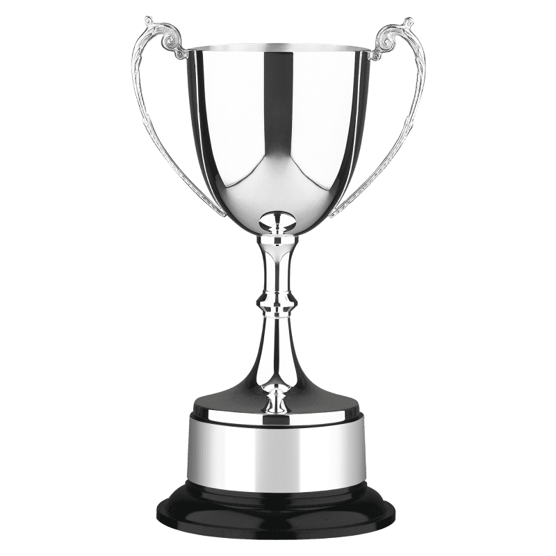 Silver cup on black base with silver band