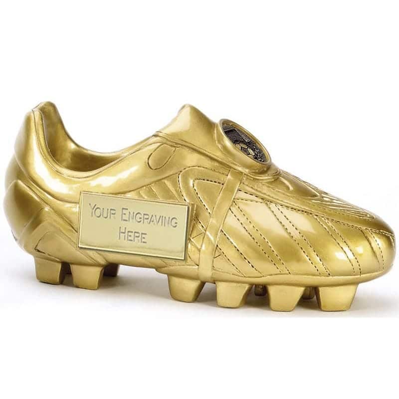 Shiny gold boot trophy with engraving