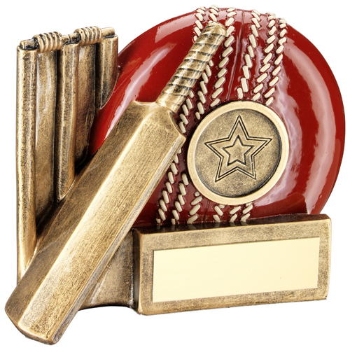 cricket bat, ball and stumps as trophy