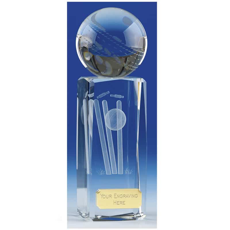 engraved crystal cricket trophy