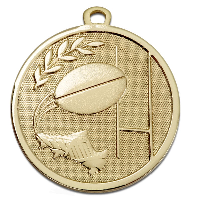 gold medal with rugby boot, ball and posts